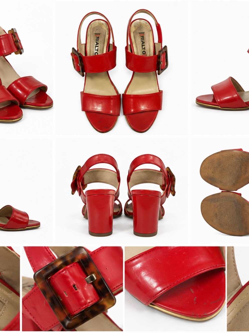 Rialto Red Leather Buckle Block Heel Sandals